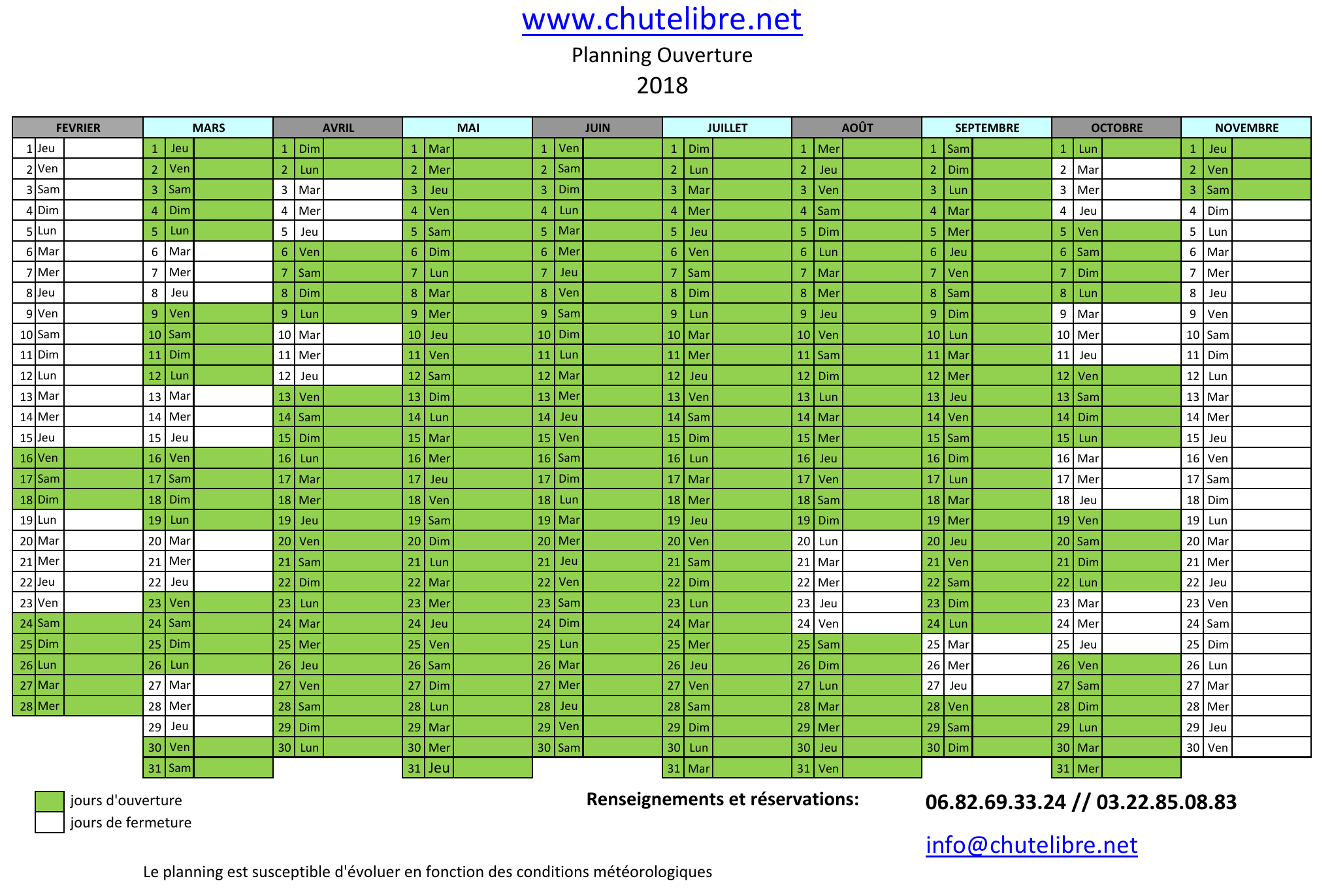 Jours d'ouverture Calendrier